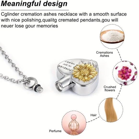 Silver Heart Necklace with Gold Sunflower Urn / Cremation - NEW - Picture 3 of 3